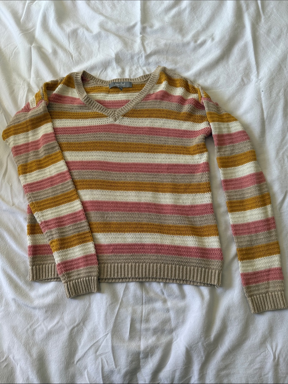 Marled Striped V-Neck Sweater in Pink, Mustard & Cream